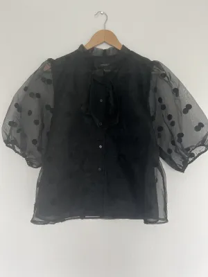 MARC NY Andrew Marc Black Top Sz L Polka Dot Puff Sheer Sleeve Tie Neck Blouse