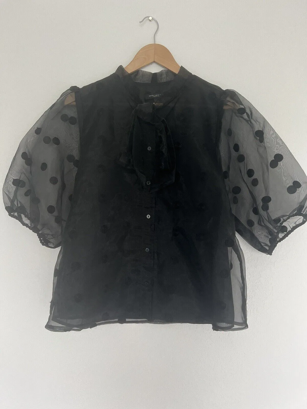 MARC NY Andrew Marc Black Top Sz L Polka Dot Puff Sheer Sleeve Tie Neck Blouse