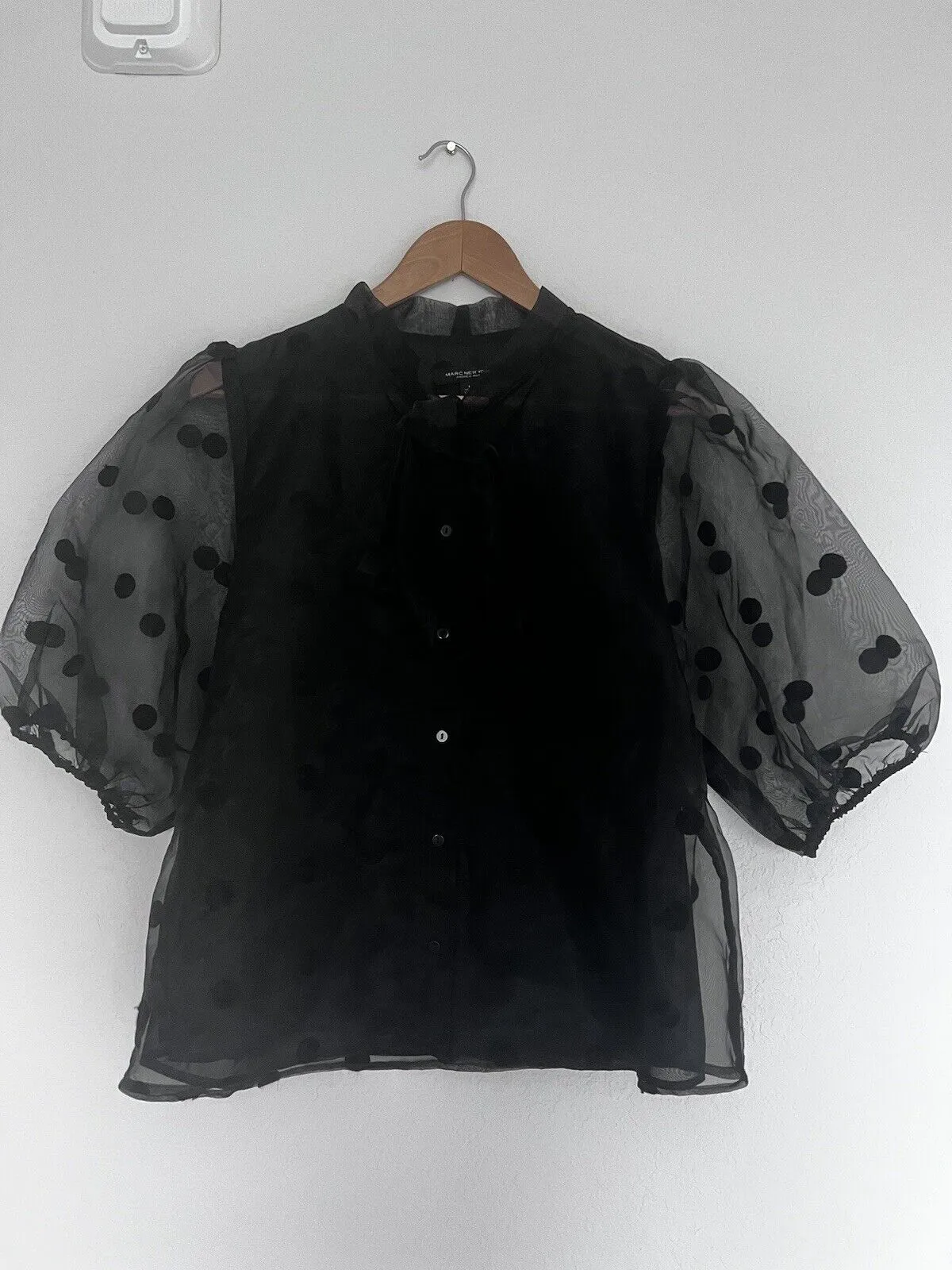 MARC NY Andrew Marc Black Top Sz L Polka Dot Puff Sheer Sleeve Tie Neck Blouse