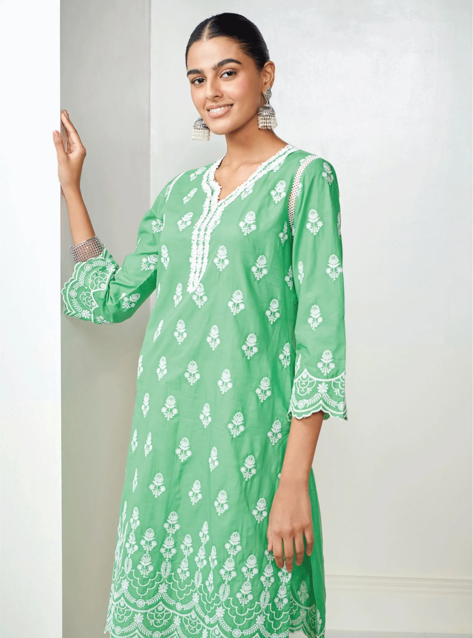 Mulmul Cotton Keily Green Kurta