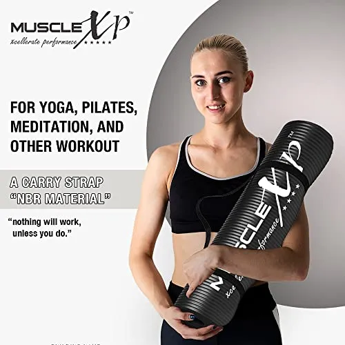 MuscleXP Yoga Mat (10 mm) Extra Thick NBR Material for Men and Women, Exercise Mats with Carrying Strap for Workout, Yoga, Fitness, Pilates (Black)