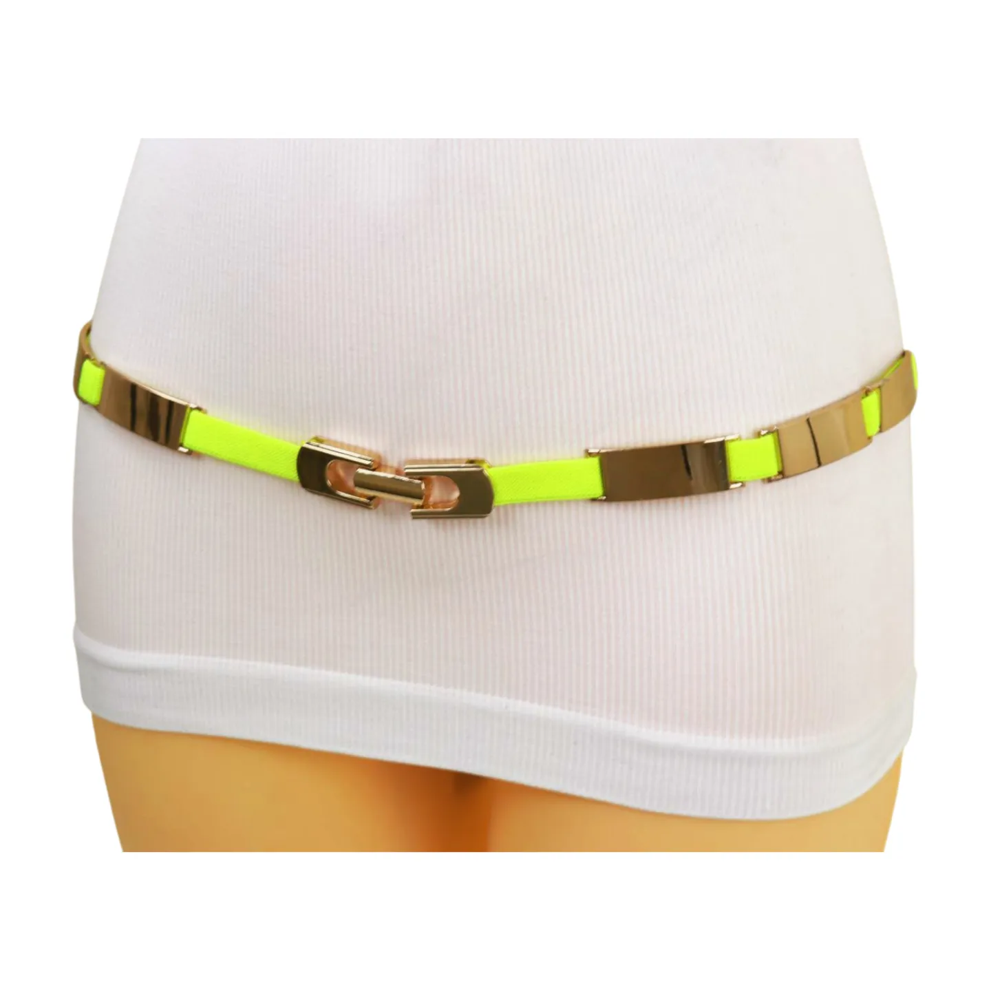 Neon Yellow Elastic Skinny Belt Gold Metal Buckle S M L