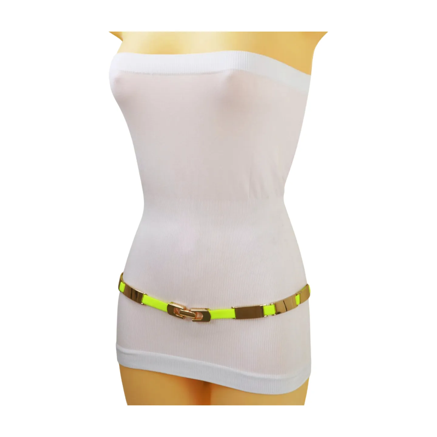 Neon Yellow Elastic Skinny Belt Gold Metal Buckle S M L