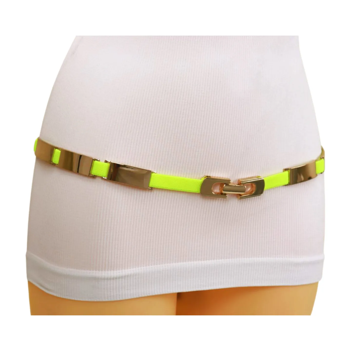 Neon Yellow Elastic Skinny Belt Gold Metal Buckle S M L