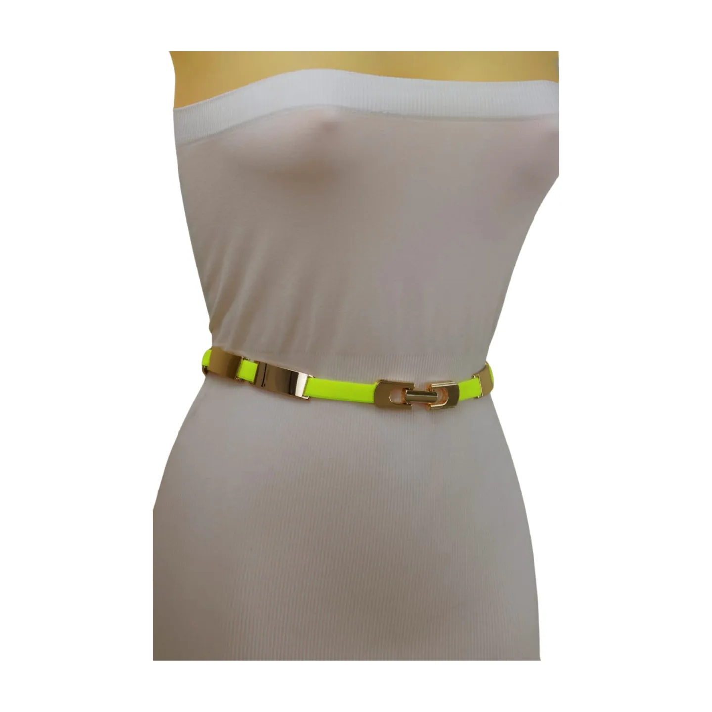 Neon Yellow Elastic Skinny Belt Gold Metal Buckle S M L