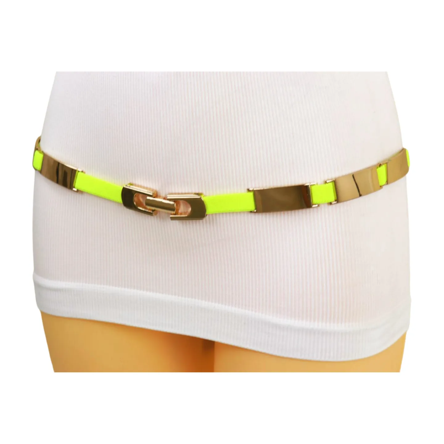 Neon Yellow Elastic Skinny Belt Gold Metal Buckle S M L