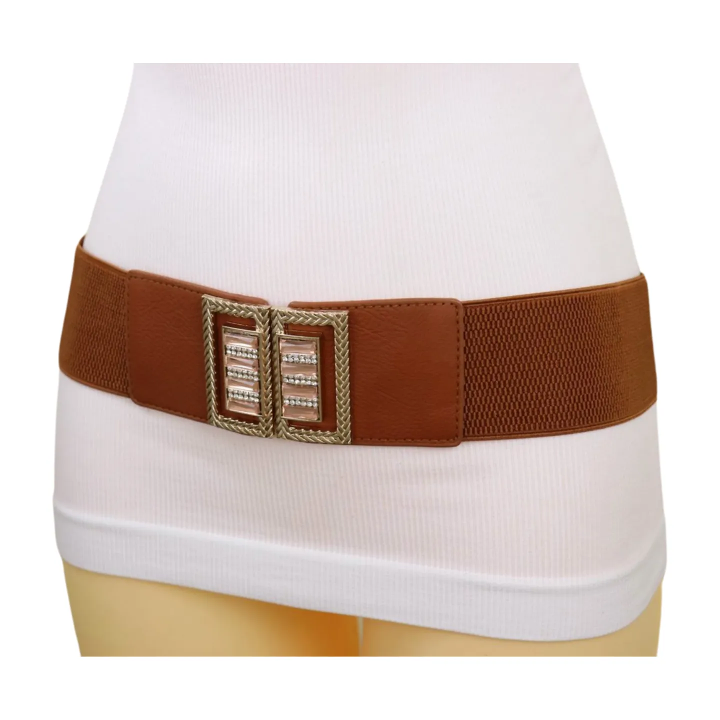 New Women Brown Elastic Fashion Belt High Waist Gold Bling Square Buckle S M
