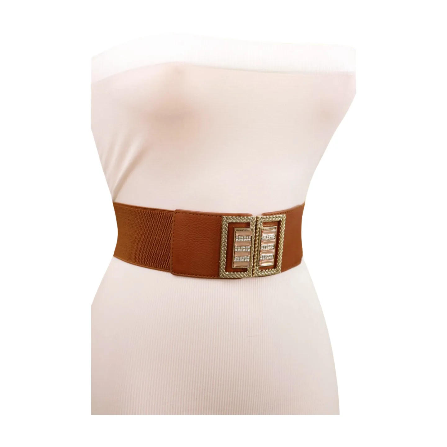 New Women Brown Elastic Fashion Belt High Waist Gold Bling Square Buckle S M