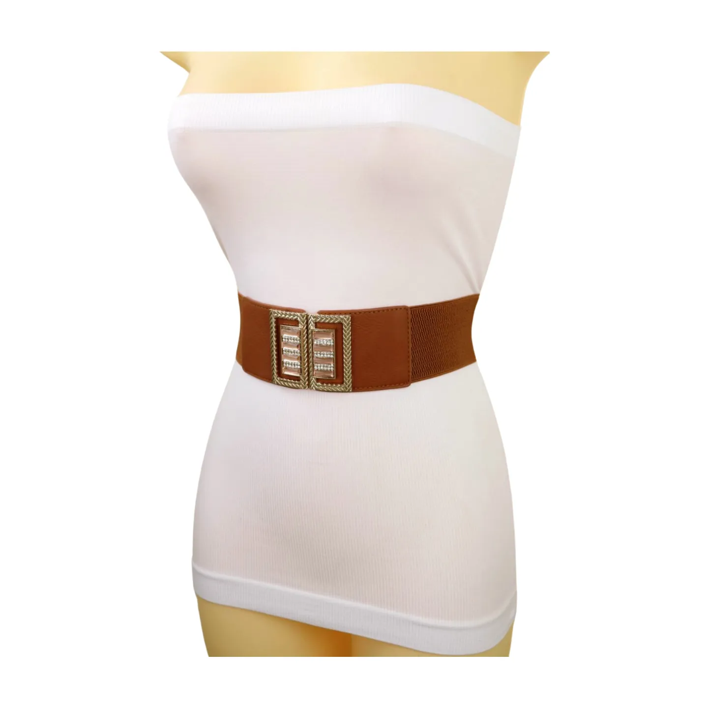 New Women Brown Elastic Fashion Belt High Waist Gold Bling Square Buckle S M