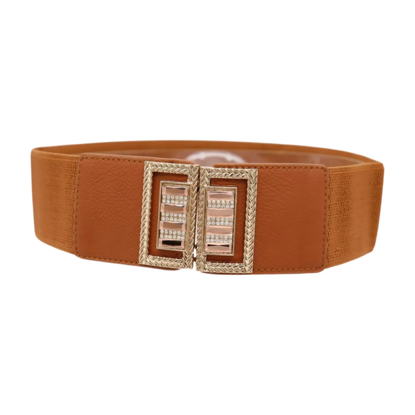 New Women Brown Elastic Fashion Belt High Waist Gold Bling Square Buckle S M