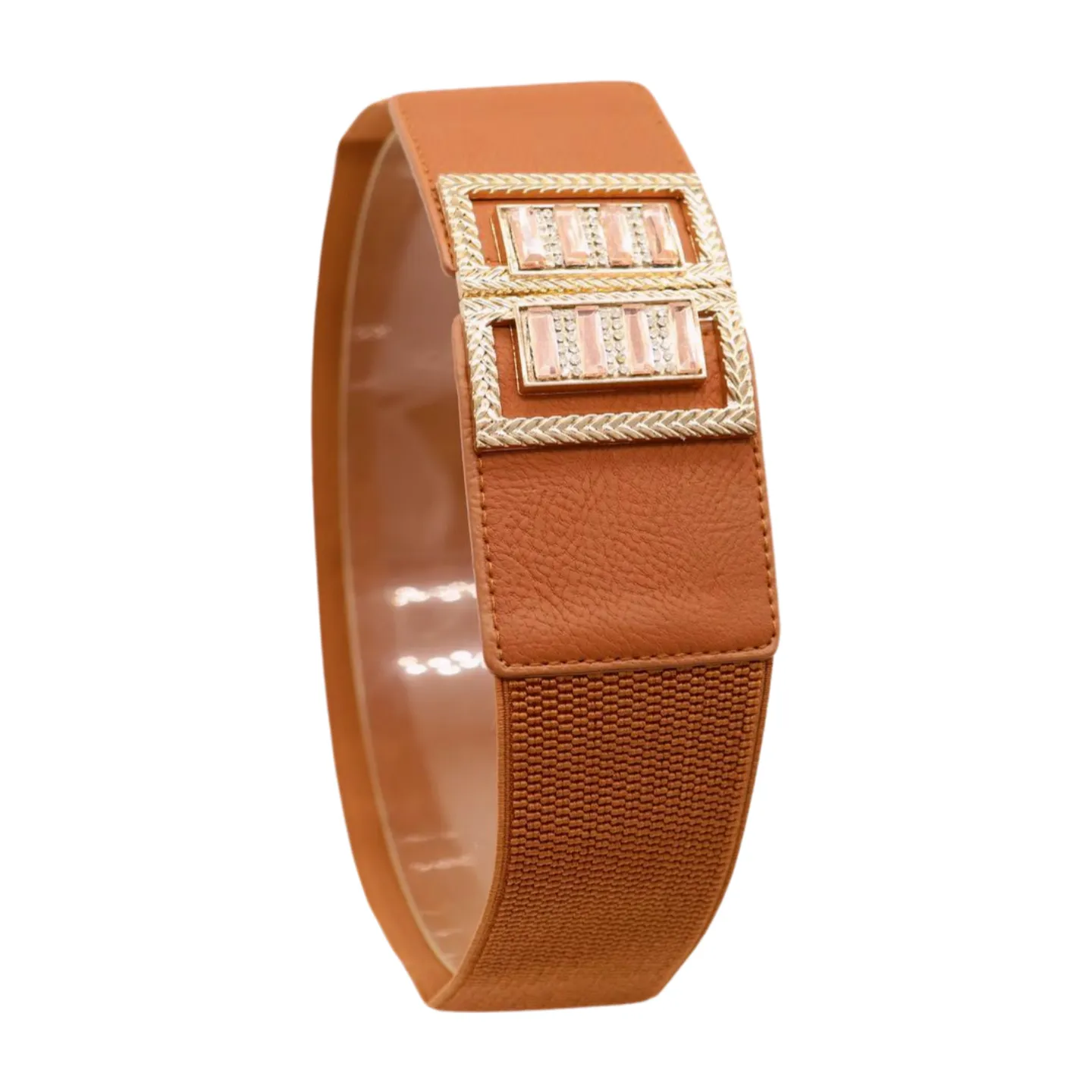 New Women Brown Elastic Fashion Belt High Waist Gold Bling Square Buckle S M