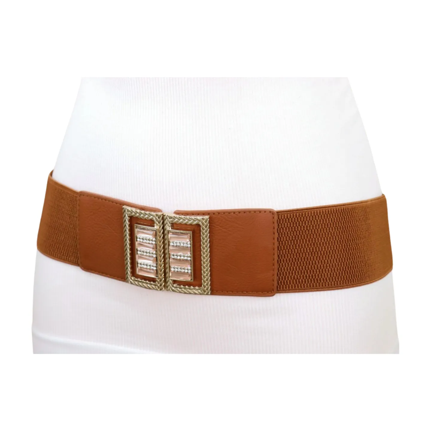 New Women Brown Elastic Fashion Belt High Waist Gold Bling Square Buckle S M