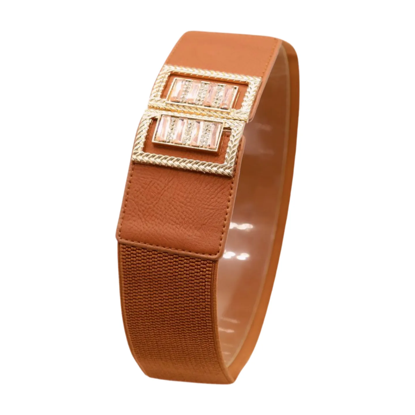 New Women Brown Elastic Fashion Belt High Waist Gold Bling Square Buckle S M