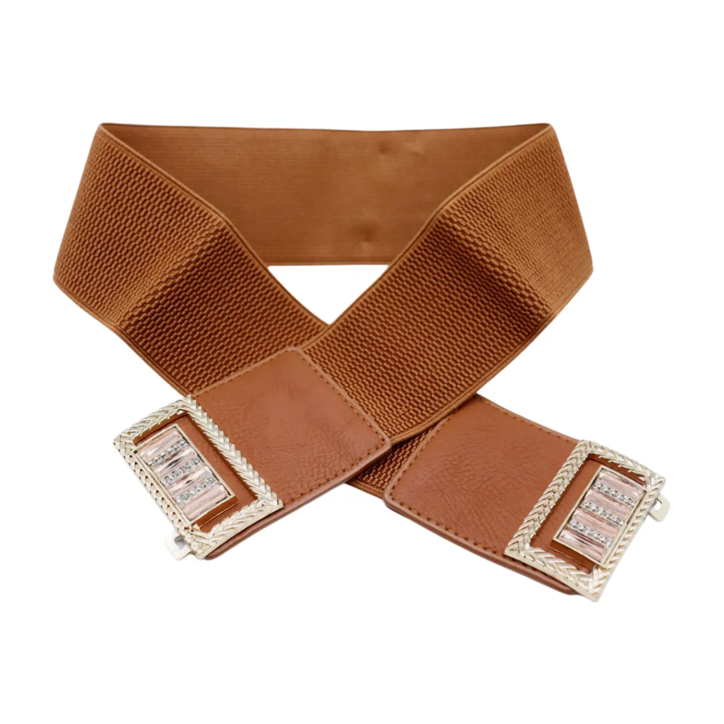 New Women Brown Elastic Fashion Belt High Waist Gold Bling Square Buckle S M