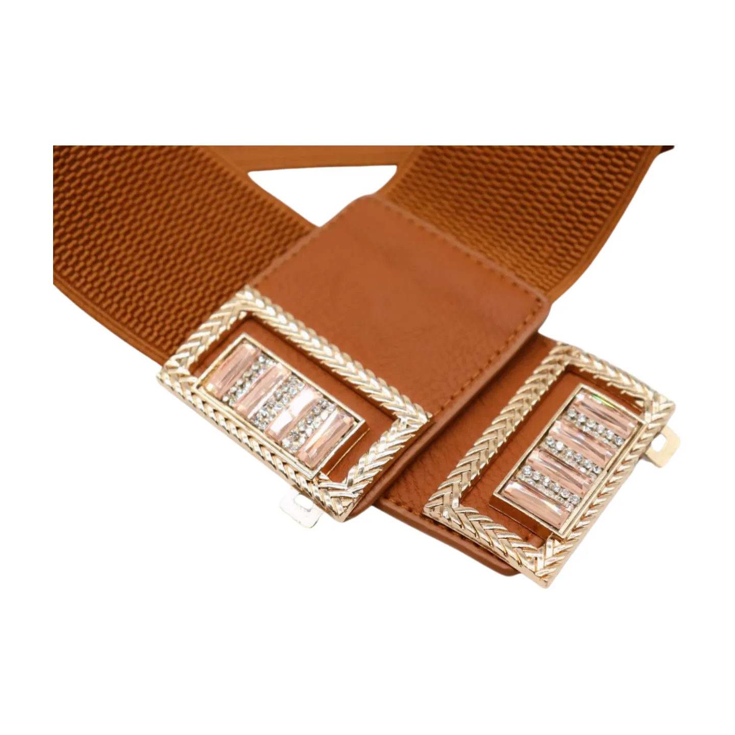 New Women Brown Elastic Fashion Belt High Waist Gold Bling Square Buckle S M
