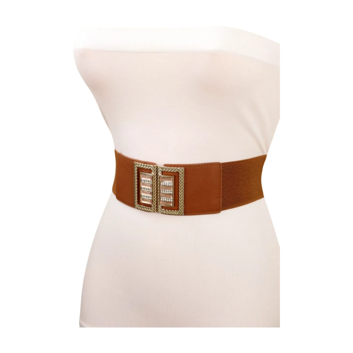 New Women Brown Elastic Fashion Belt High Waist Gold Bling Square Buckle S M
