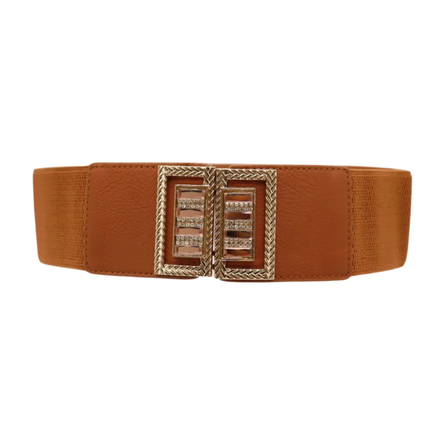 New Women Brown Elastic Fashion Belt High Waist Gold Bling Square Buckle S M