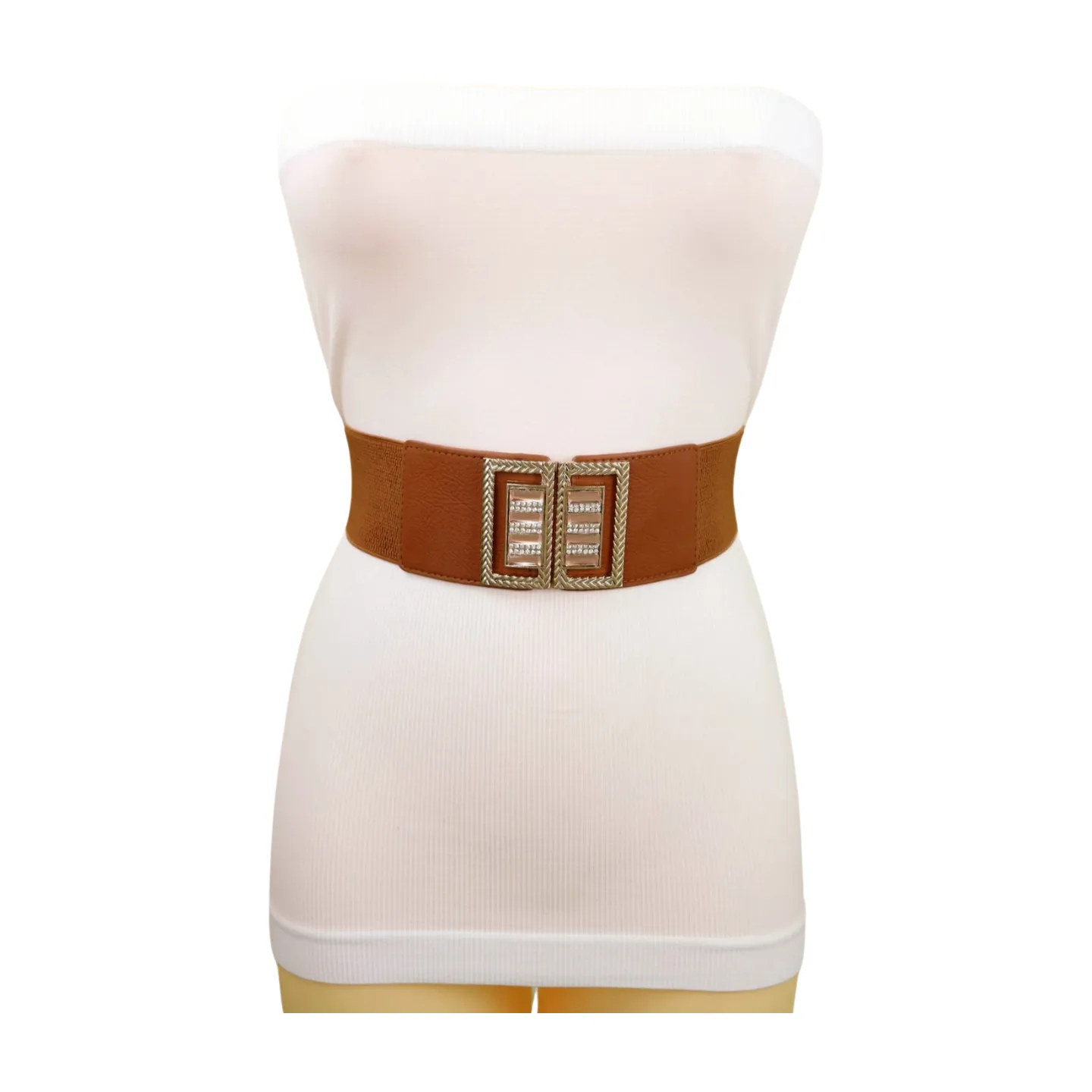 New Women Brown Elastic Fashion Belt High Waist Gold Bling Square Buckle S M