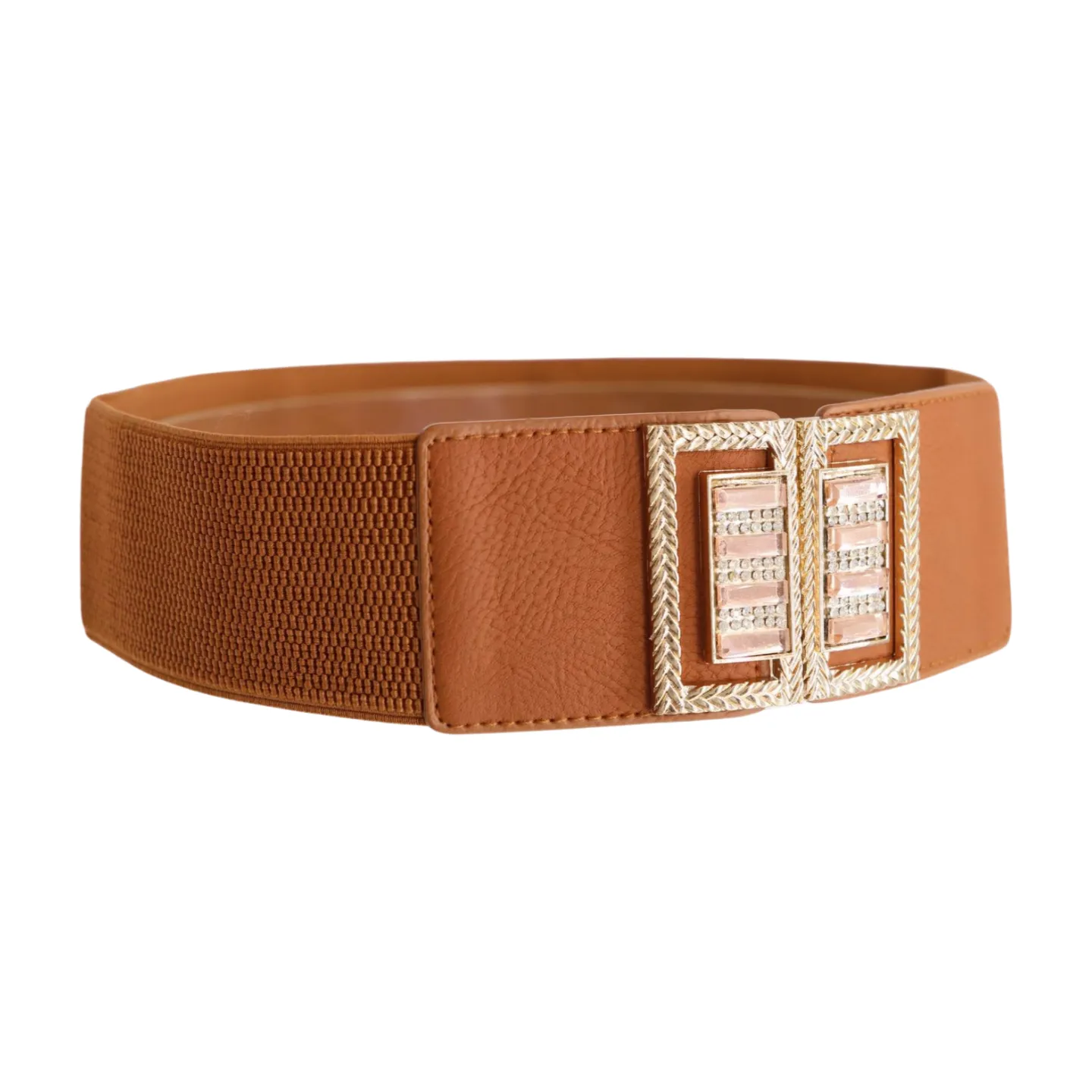 New Women Brown Elastic Fashion Belt High Waist Gold Bling Square Buckle S M
