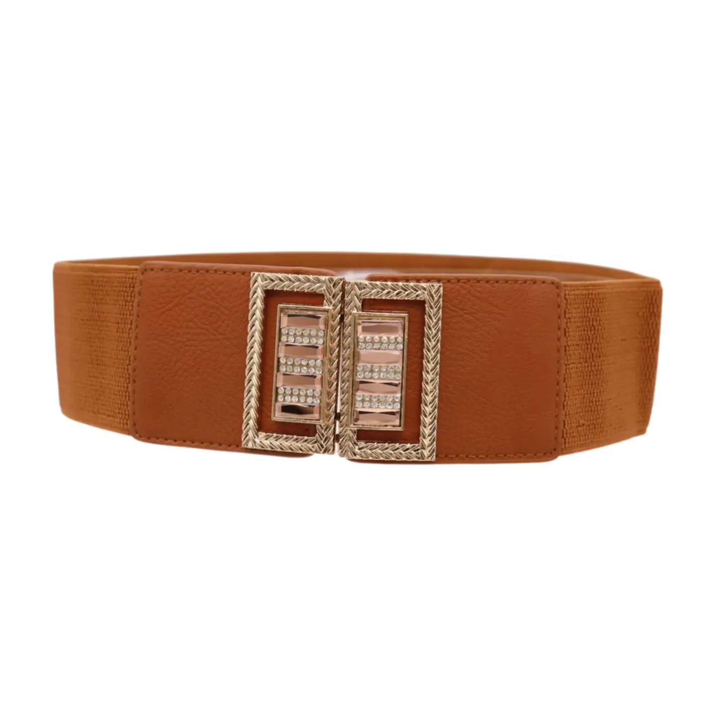 New Women Brown Elastic Fashion Belt High Waist Gold Bling Square Buckle S M