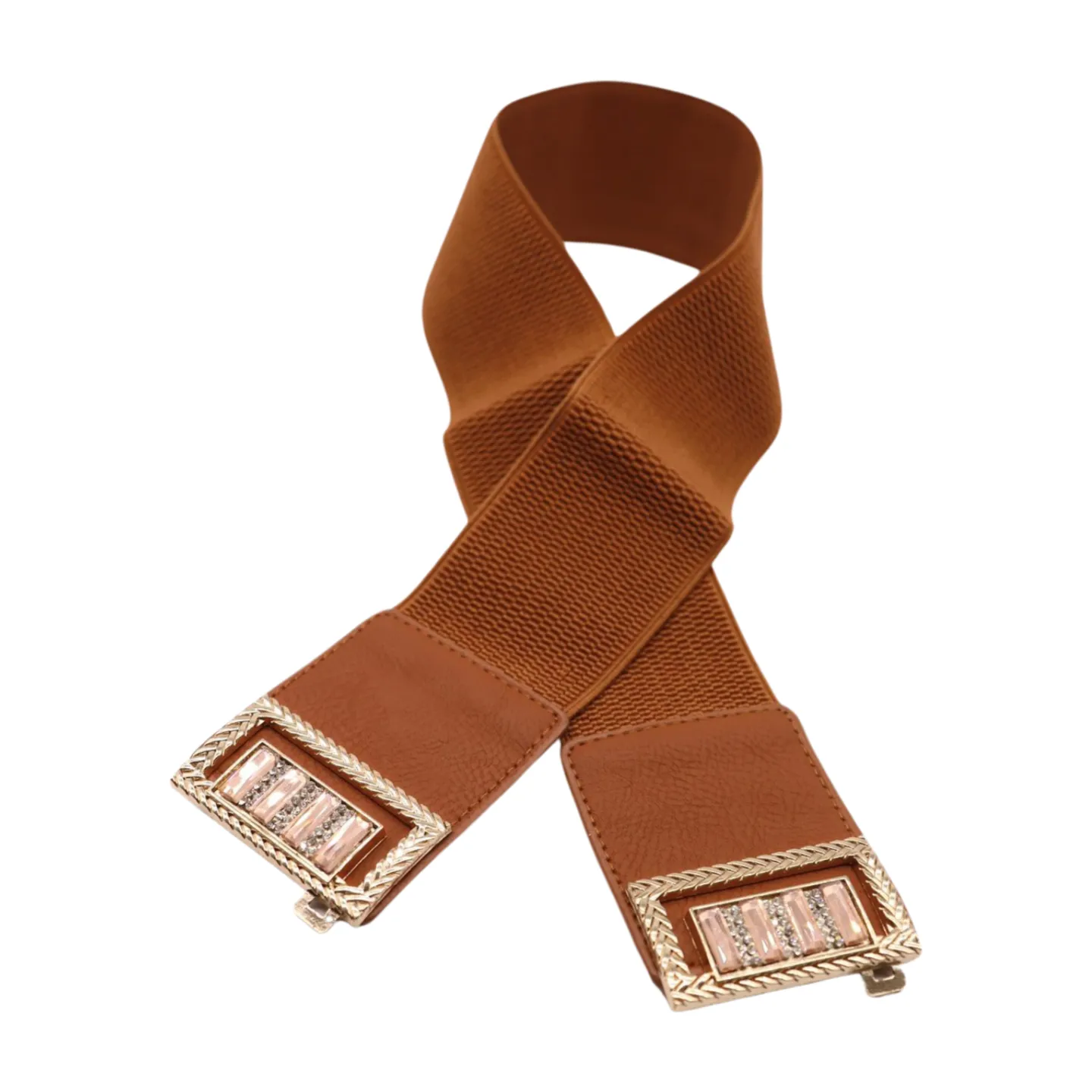New Women Brown Elastic Fashion Belt High Waist Gold Bling Square Buckle S M