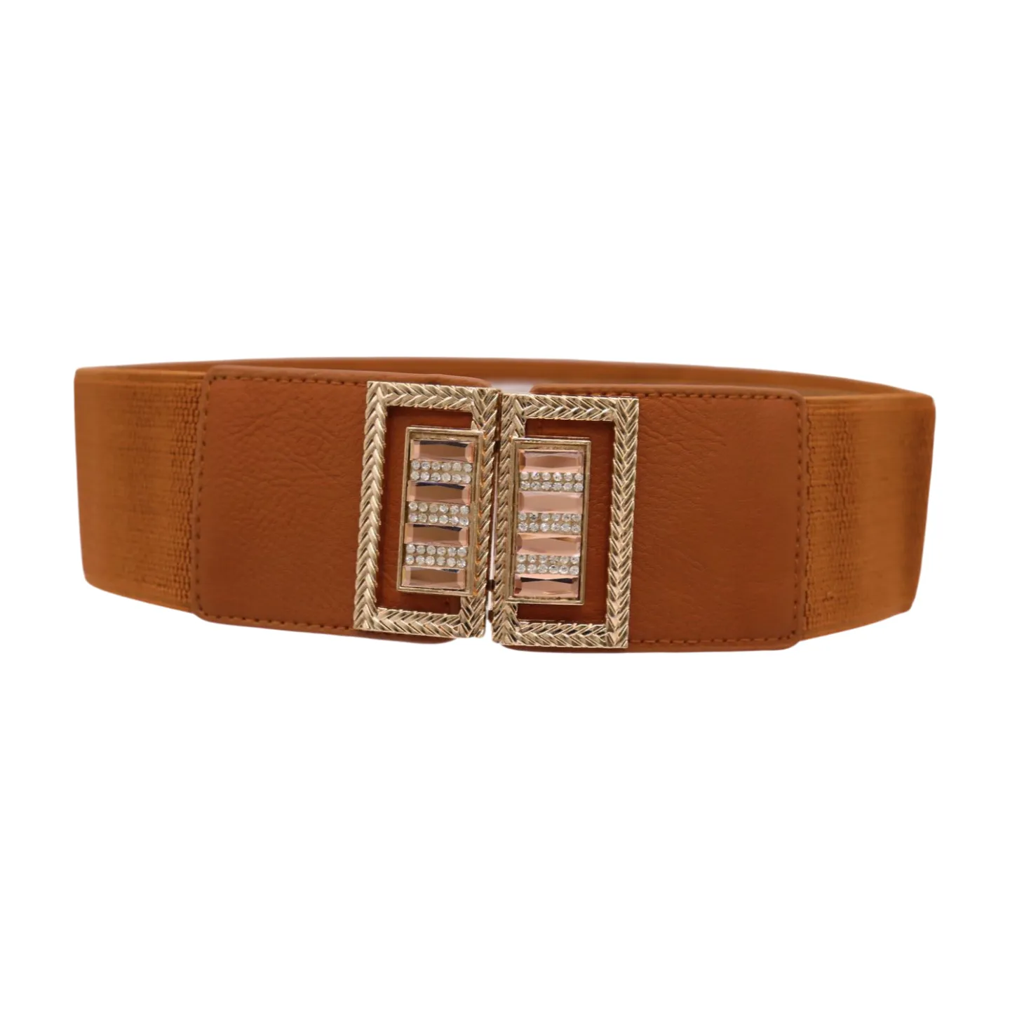 New Women Brown Elastic Fashion Belt High Waist Gold Bling Square Buckle S M