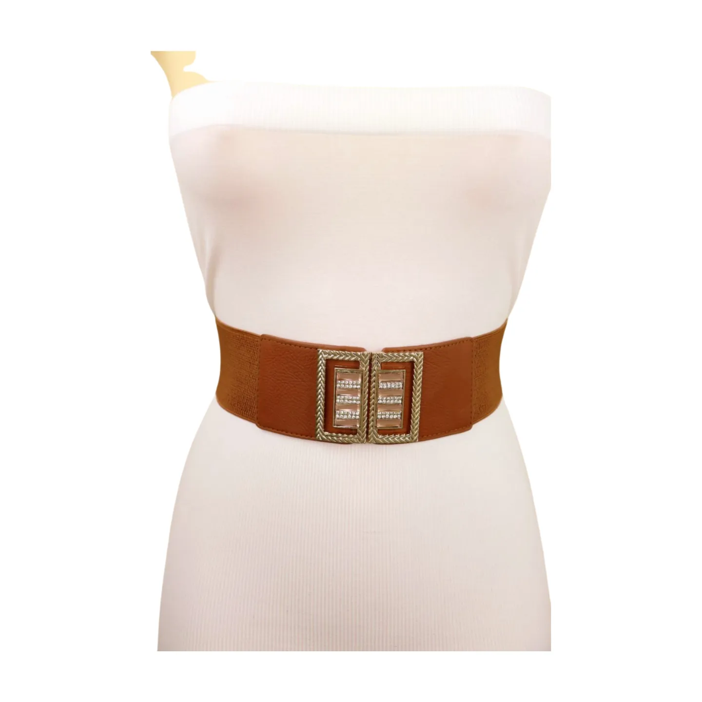 New Women Brown Elastic Fashion Belt High Waist Gold Bling Square Buckle S M