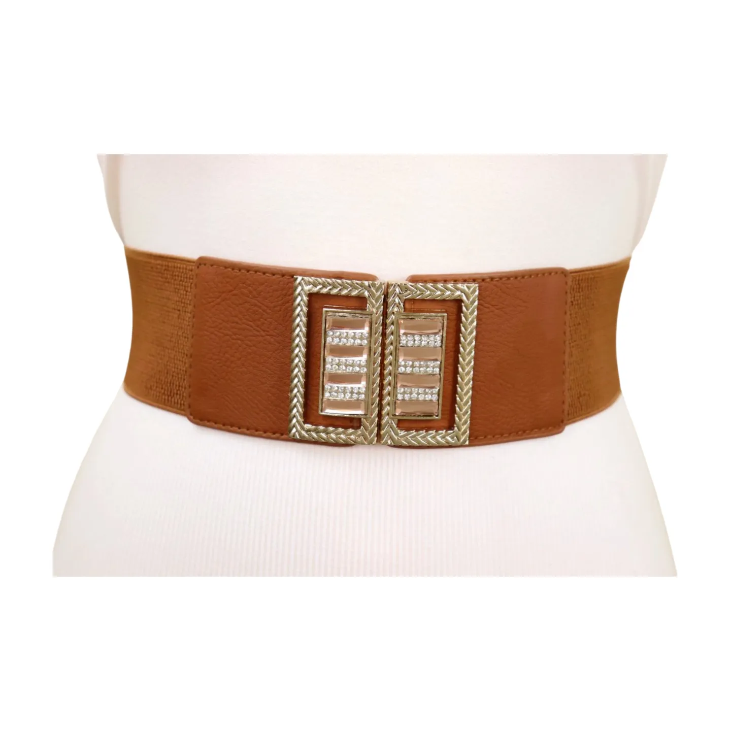 New Women Brown Elastic Fashion Belt High Waist Gold Bling Square Buckle S M