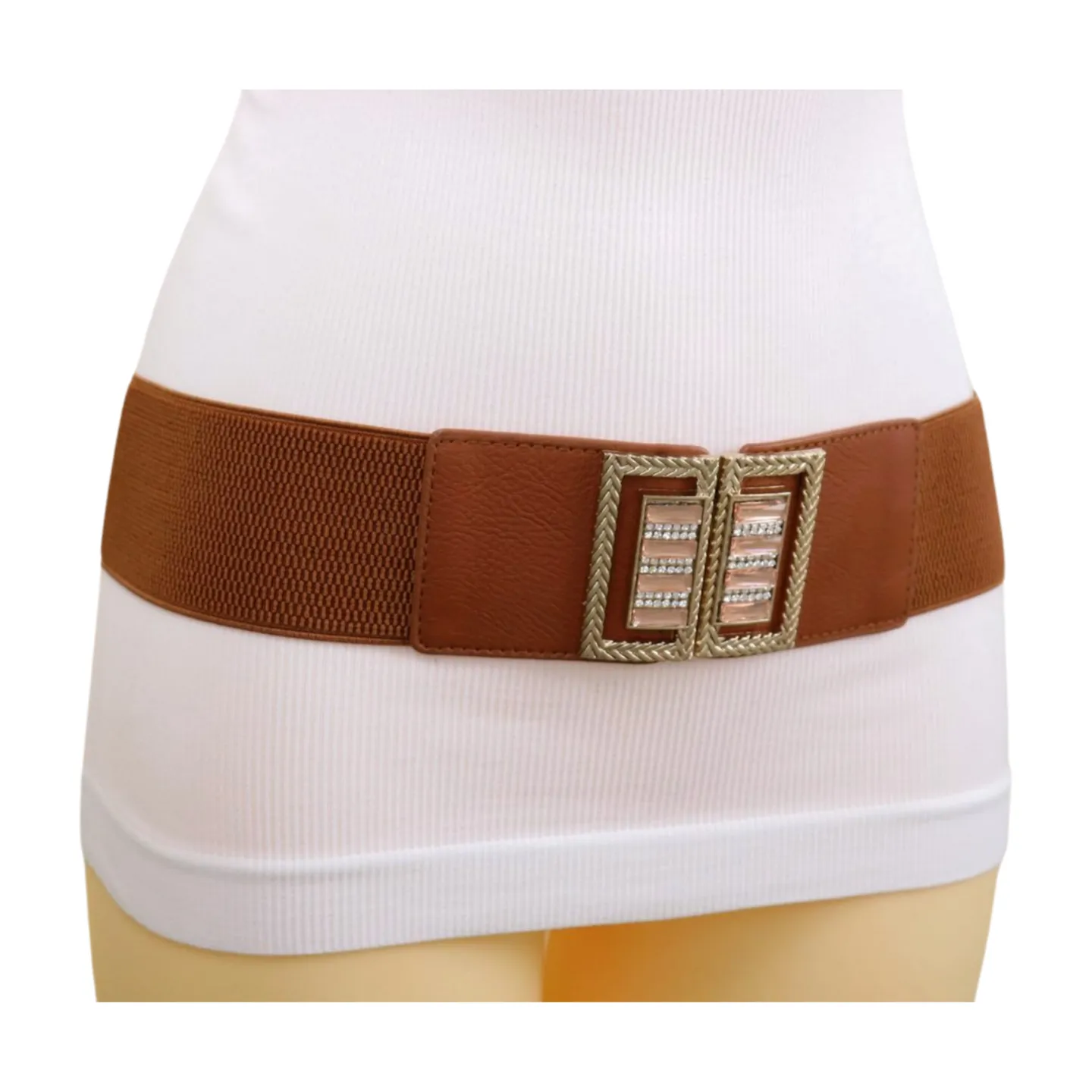 New Women Brown Elastic Fashion Belt High Waist Gold Bling Square Buckle S M