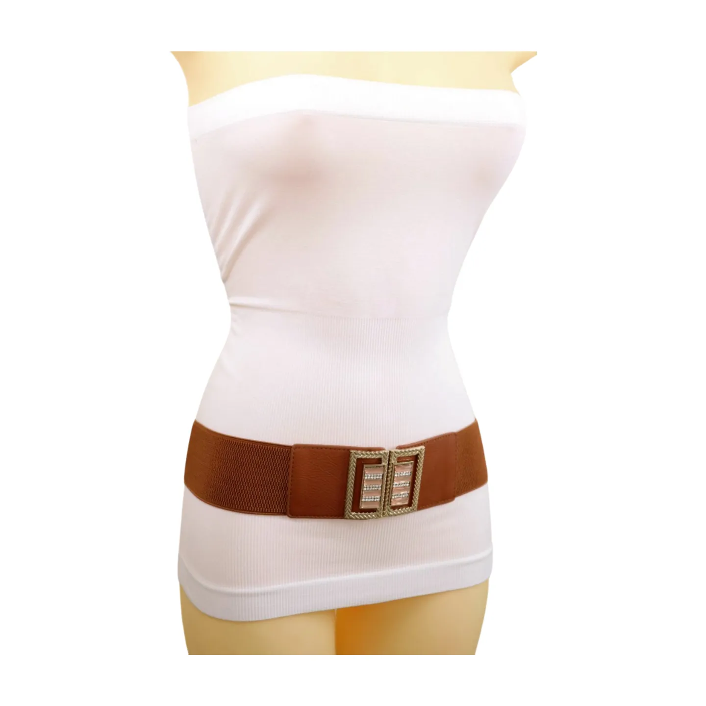 New Women Brown Elastic Fashion Belt High Waist Gold Bling Square Buckle S M