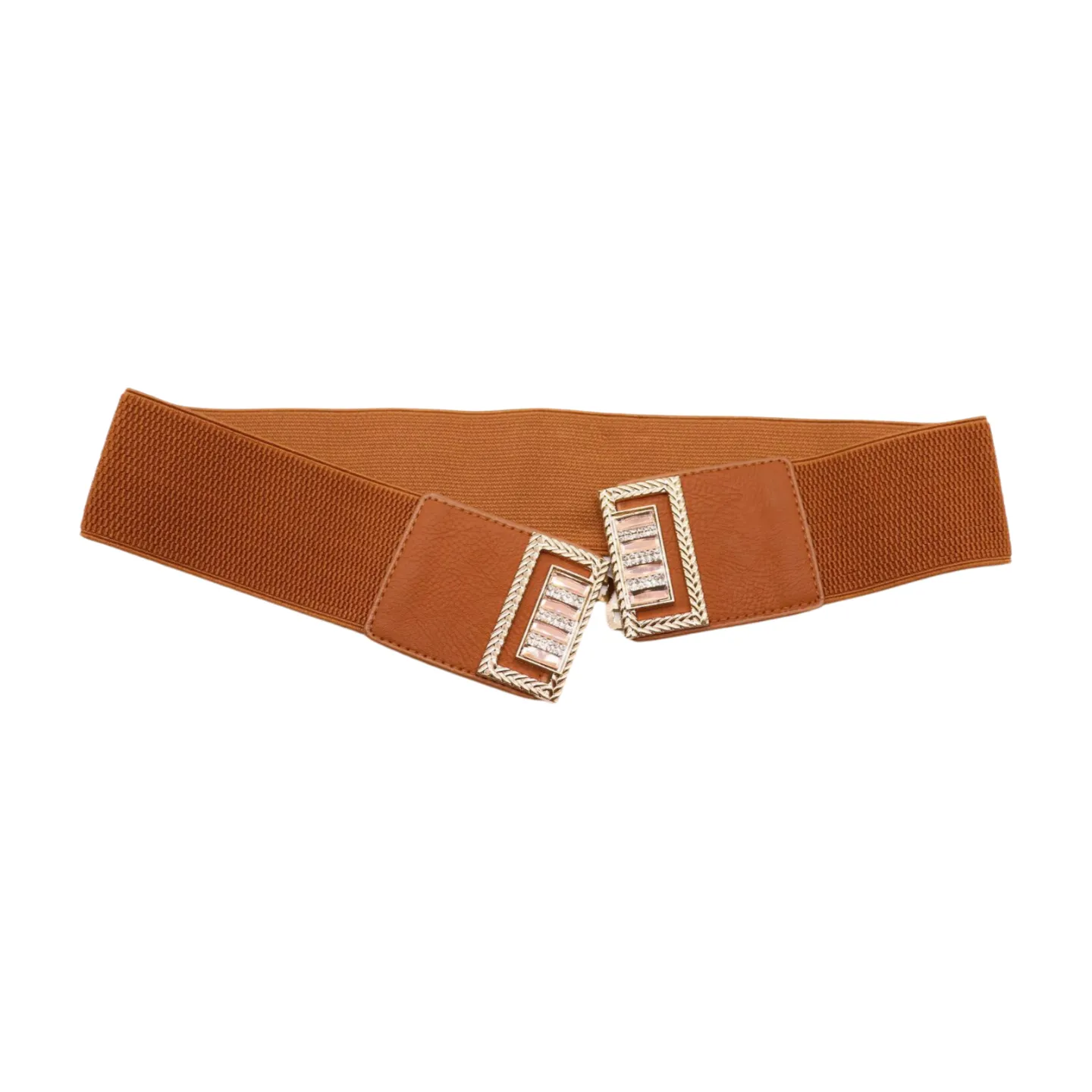 New Women Brown Elastic Fashion Belt High Waist Gold Bling Square Buckle S M