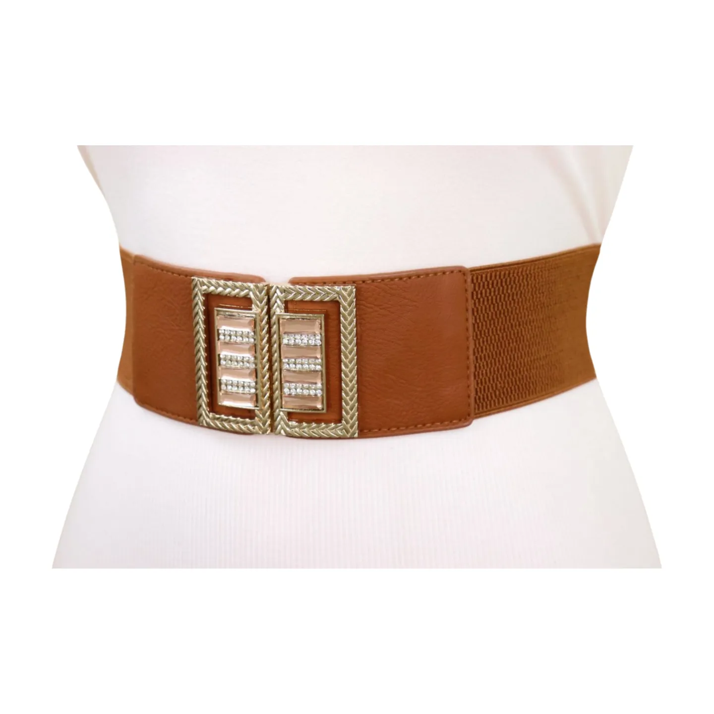 New Women Brown Elastic Fashion Belt High Waist Gold Bling Square Buckle S M