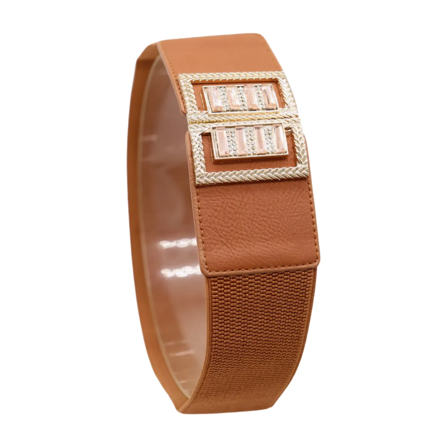 New Women Brown Elastic Fashion Belt High Waist Gold Bling Square Buckle S M