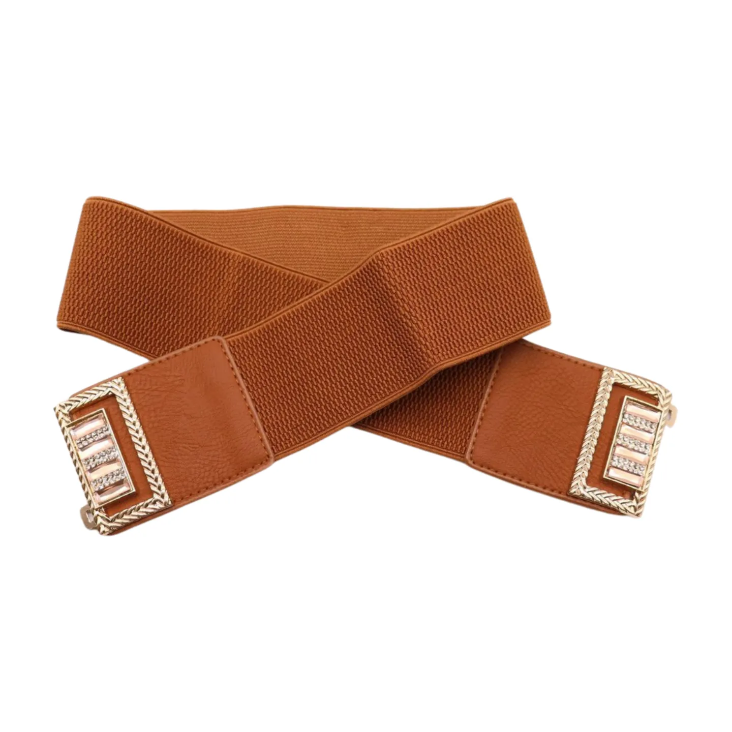 New Women Brown Elastic Fashion Belt High Waist Gold Bling Square Buckle S M