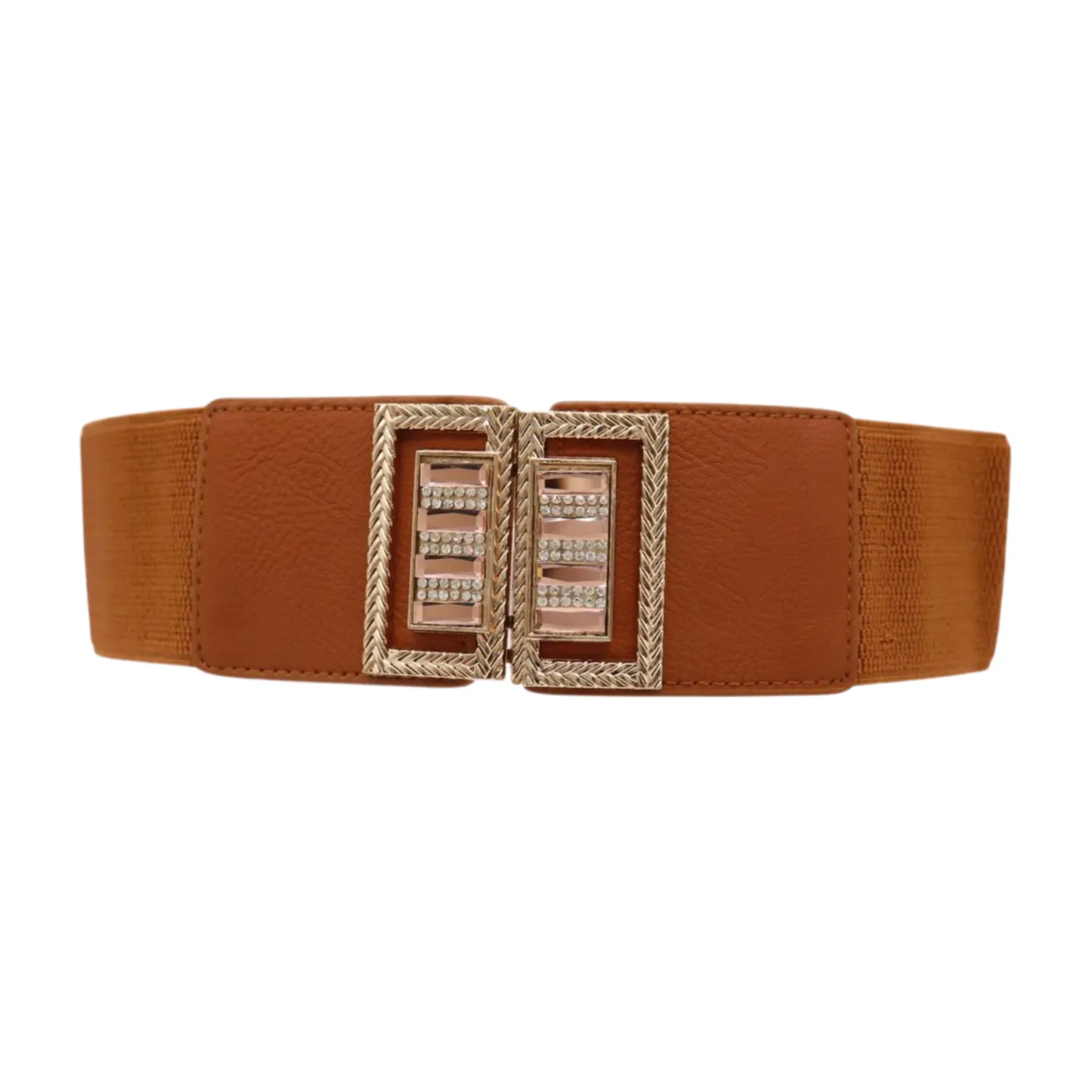 New Women Brown Elastic Fashion Belt High Waist Gold Bling Square Buckle S M