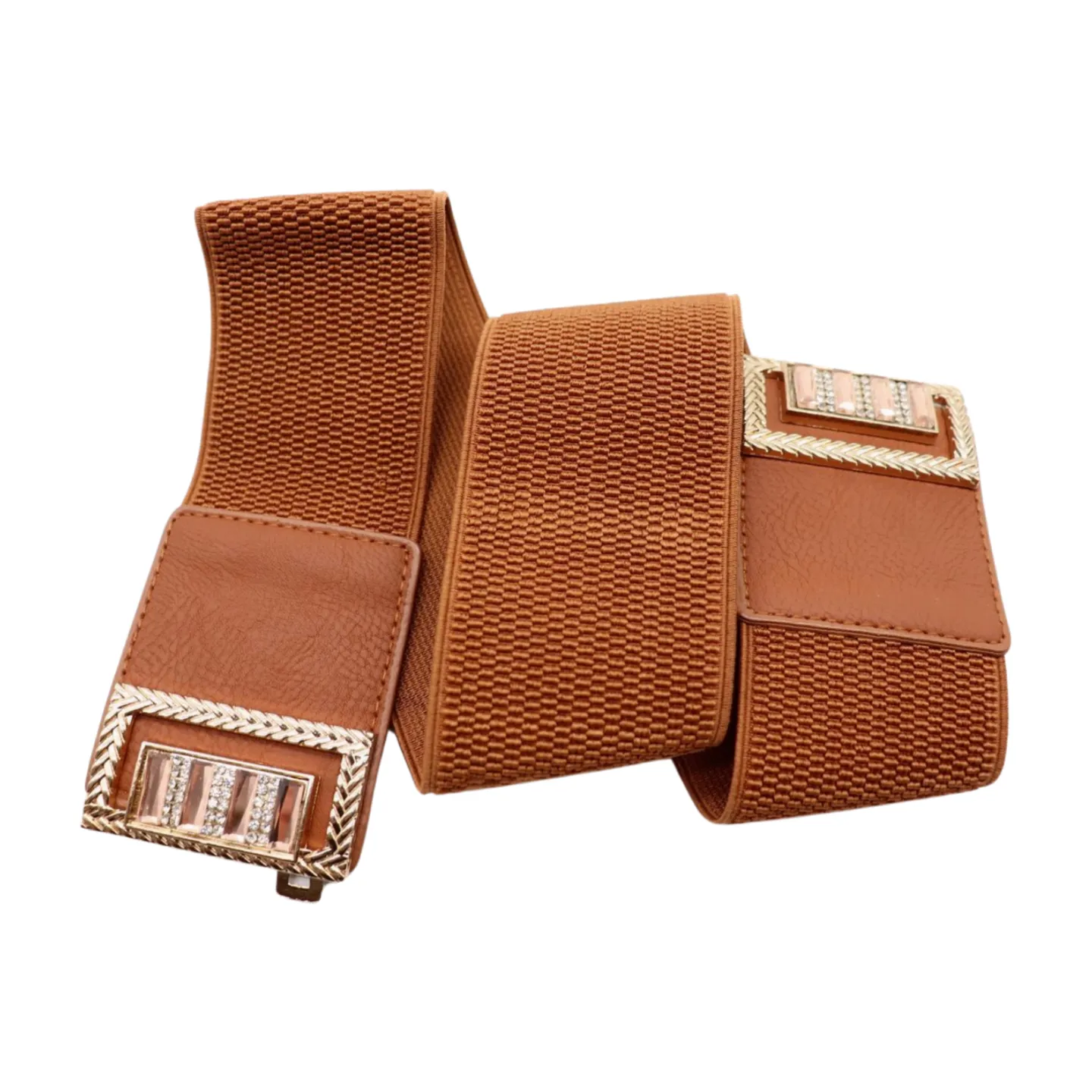 New Women Brown Elastic Fashion Belt High Waist Gold Bling Square Buckle S M