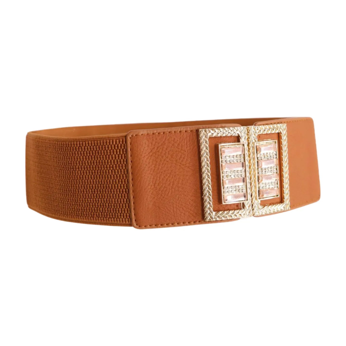 New Women Brown Elastic Fashion Belt High Waist Gold Bling Square Buckle S M