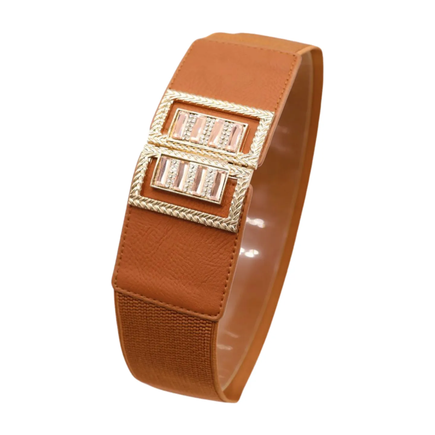 New Women Brown Elastic Fashion Belt High Waist Gold Bling Square Buckle S M