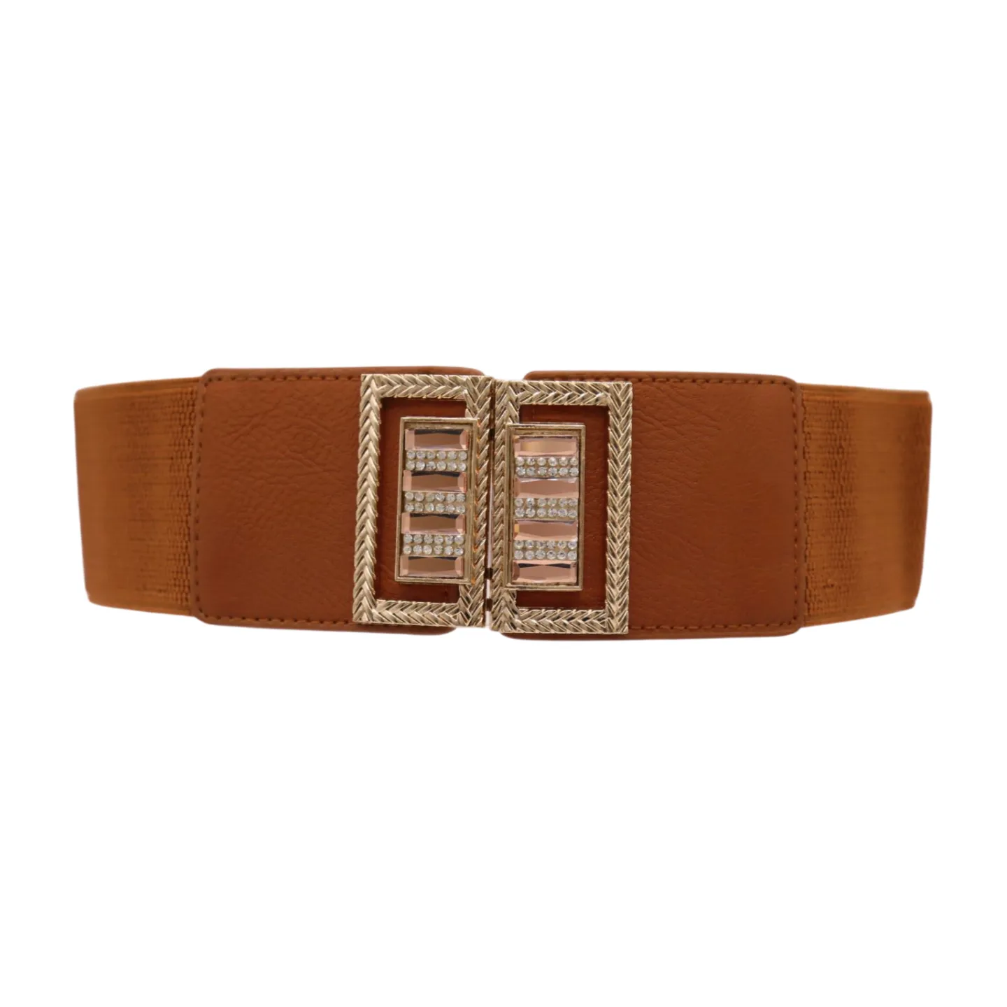 New Women Brown Elastic Fashion Belt High Waist Gold Bling Square Buckle S M