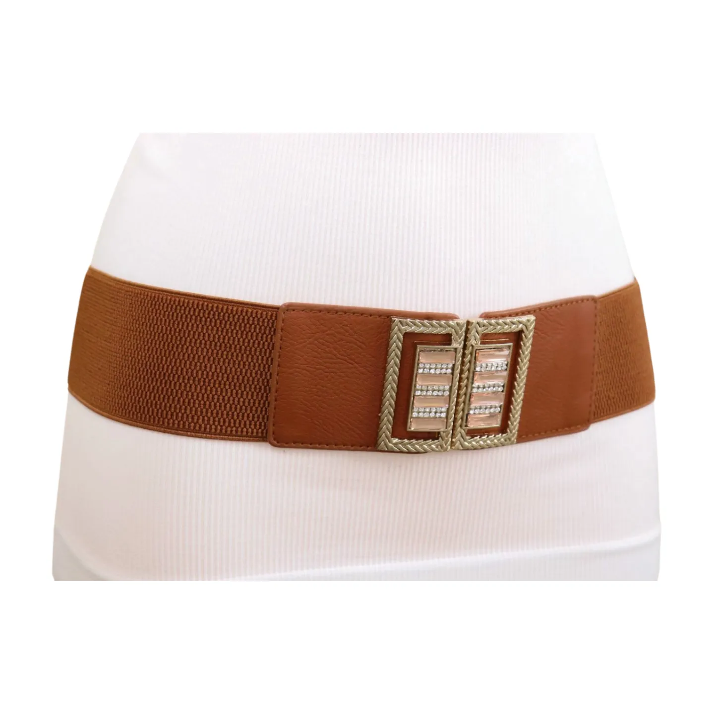 New Women Brown Elastic Fashion Belt High Waist Gold Bling Square Buckle S M