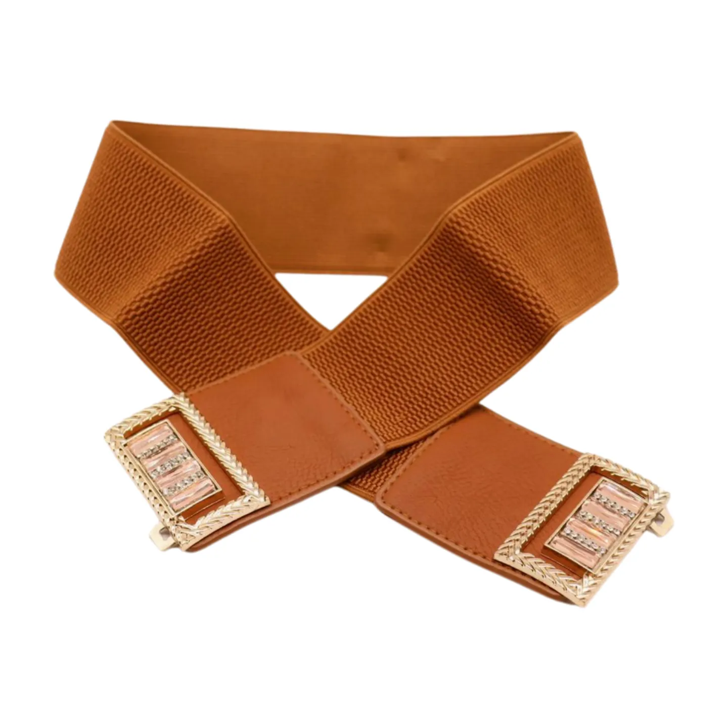 New Women Brown Elastic Fashion Belt High Waist Gold Bling Square Buckle S M