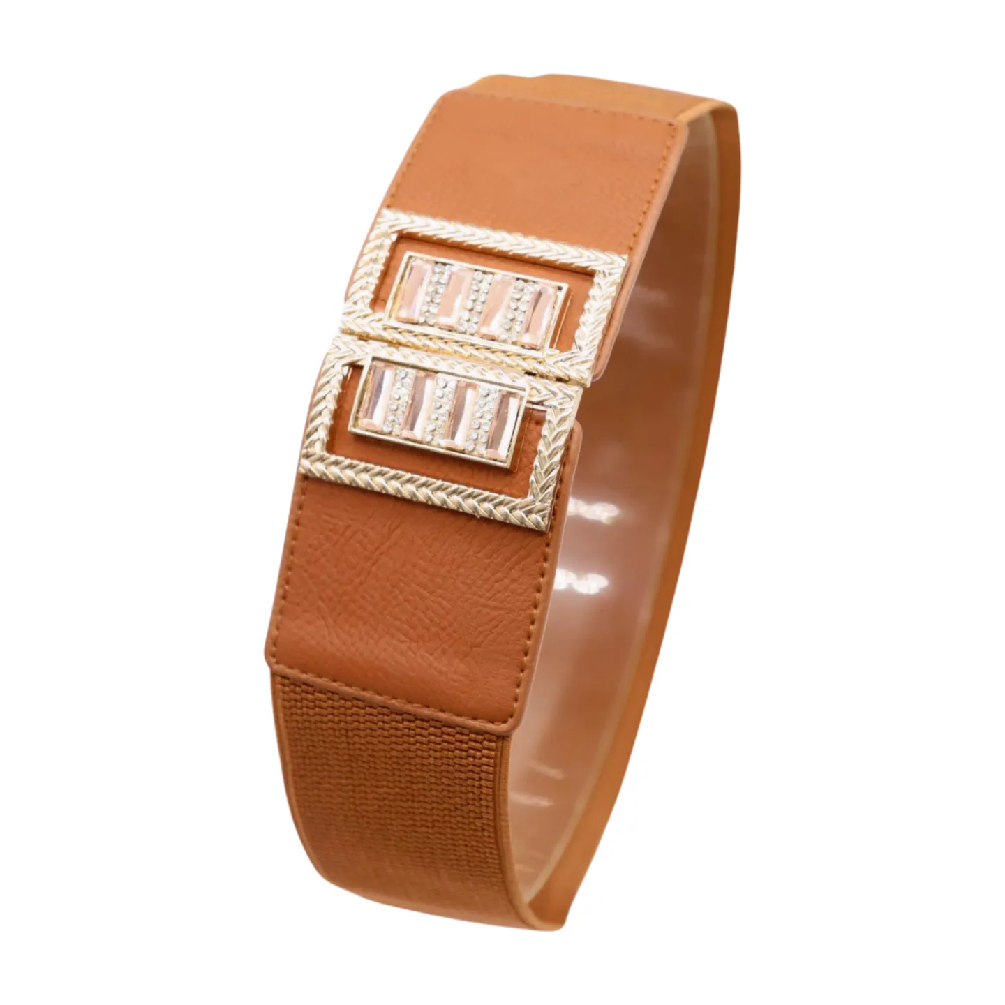 New Women Brown Elastic Fashion Belt High Waist Gold Bling Square Buckle S M