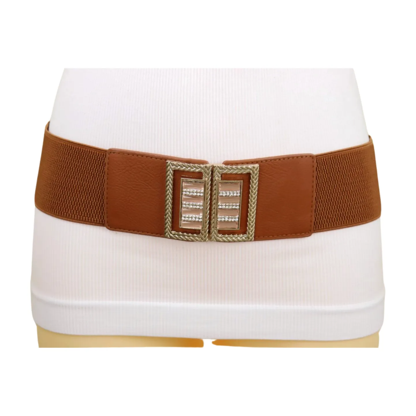 New Women Brown Elastic Fashion Belt High Waist Gold Bling Square Buckle S M