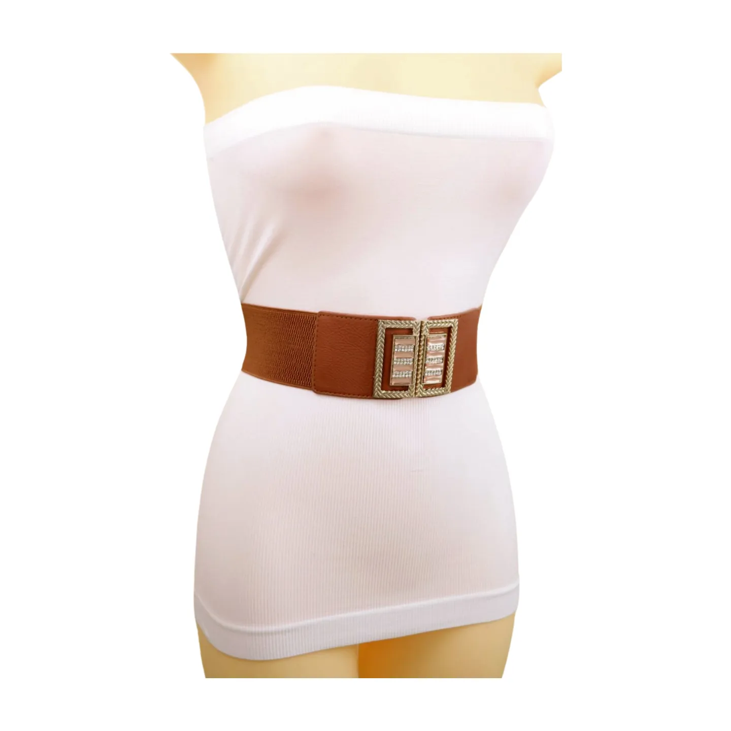 New Women Brown Elastic Fashion Belt High Waist Gold Bling Square Buckle S M