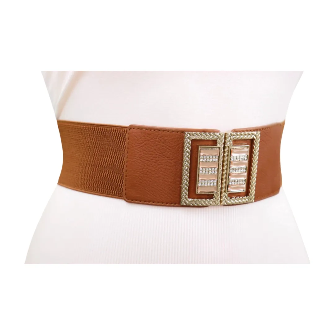 New Women Brown Elastic Fashion Belt High Waist Gold Bling Square Buckle S M