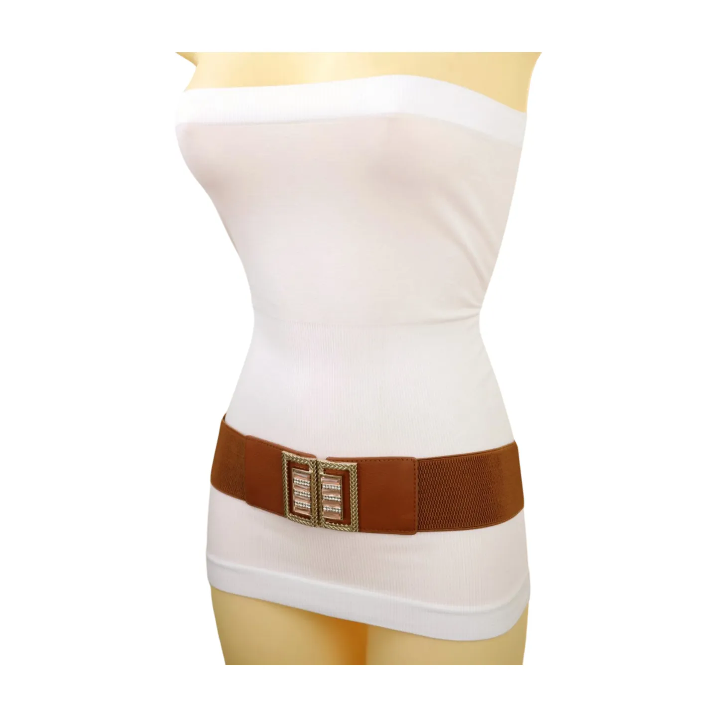 New Women Brown Elastic Fashion Belt High Waist Gold Bling Square Buckle S M