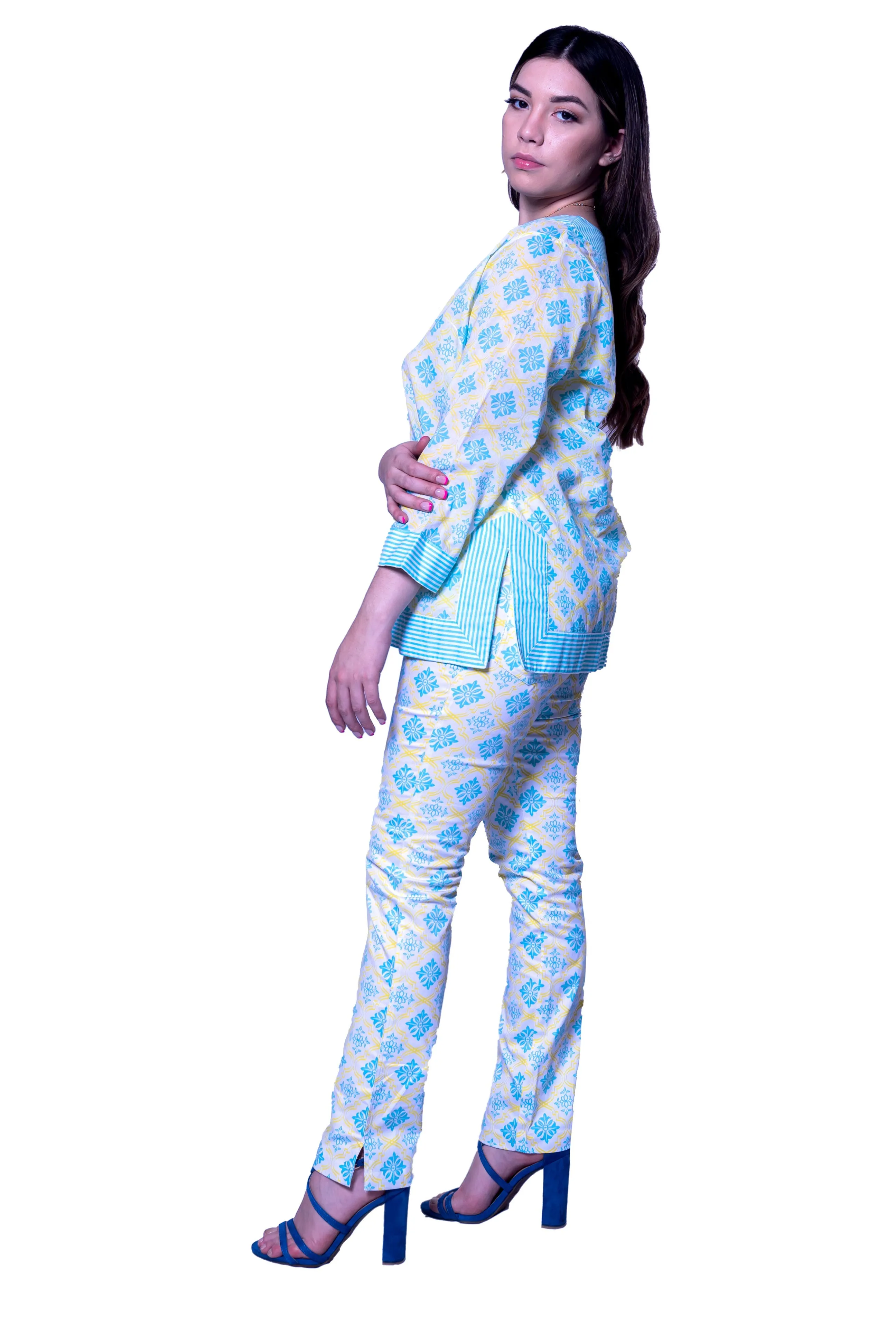 P 1505 Cotton Printed Tunic in Turquoise/Blue