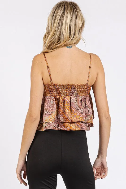 Paisley Patchwork Print Satin Ruffle Crop Cami