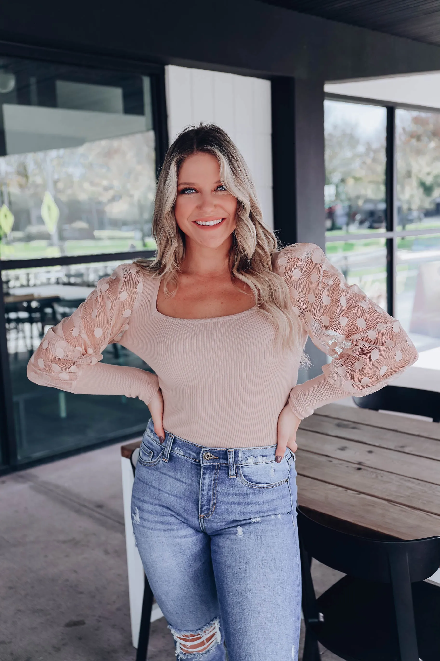 Panacea Mesh Polka Dot Sleeve Sweater