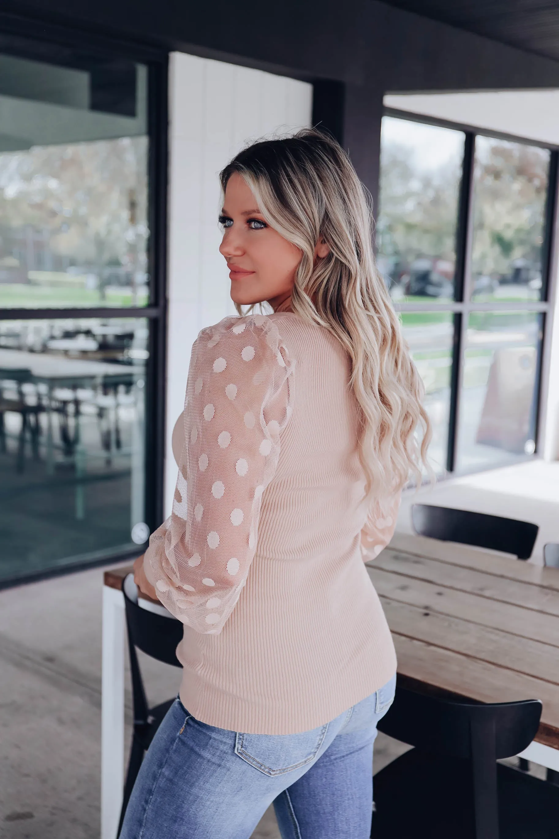 Panacea Mesh Polka Dot Sleeve Sweater